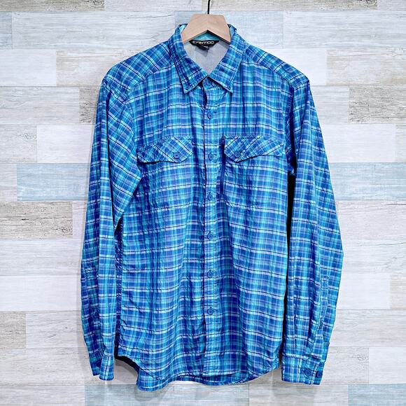 ExOfficio Crinkled Long Sleeve Ventilated Hiking Shirt Blue Plaid Mens Medium - Picture 1 of 6